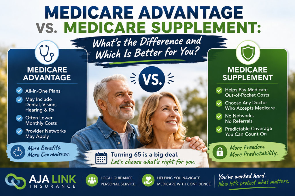 A warm, modern Medicare comparison graphic featuring a smiling baby boomer couple outdoors, comparing Medicare Advantage and Medicare Supplement plans side by side with easy-to-understand benefits and trusted guidance from Aja Link Insurance.