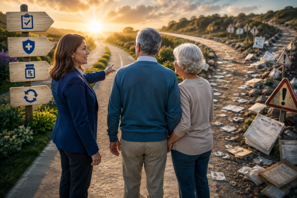A Medicare advisor helps a retired couple at a crossroads, guiding them toward a clear path while a second road filled with medical bills, paperwork, and warning signs represents costly Medicare mistakes.