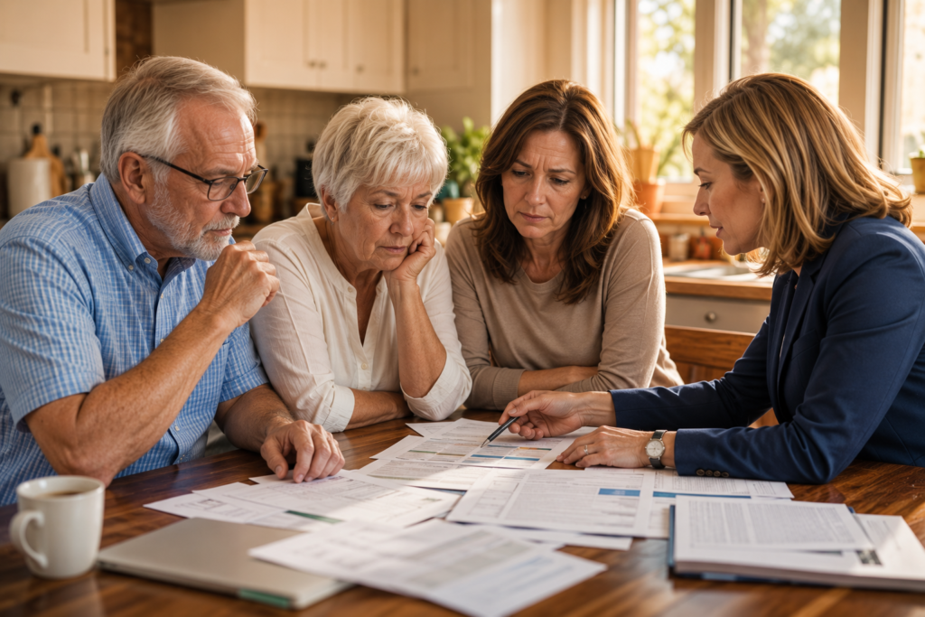 An adult daughter sits with her elderly parents at a kitchen table reviewing Medicare paperwork while a Medicare advisor helps explain their coverage options and enrollment decisions.
