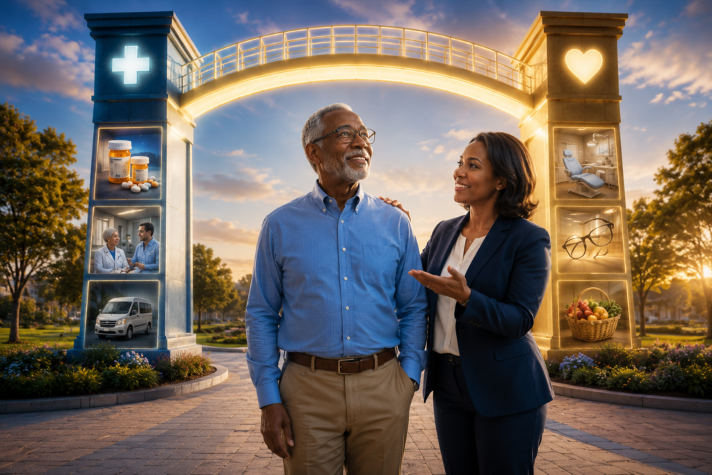 A senior man stands confidently between two illuminated healthcare pillars connected by a bridge, while a Medicare advisor explains benefits that coordinate Medicare and Medicaid coverage.
