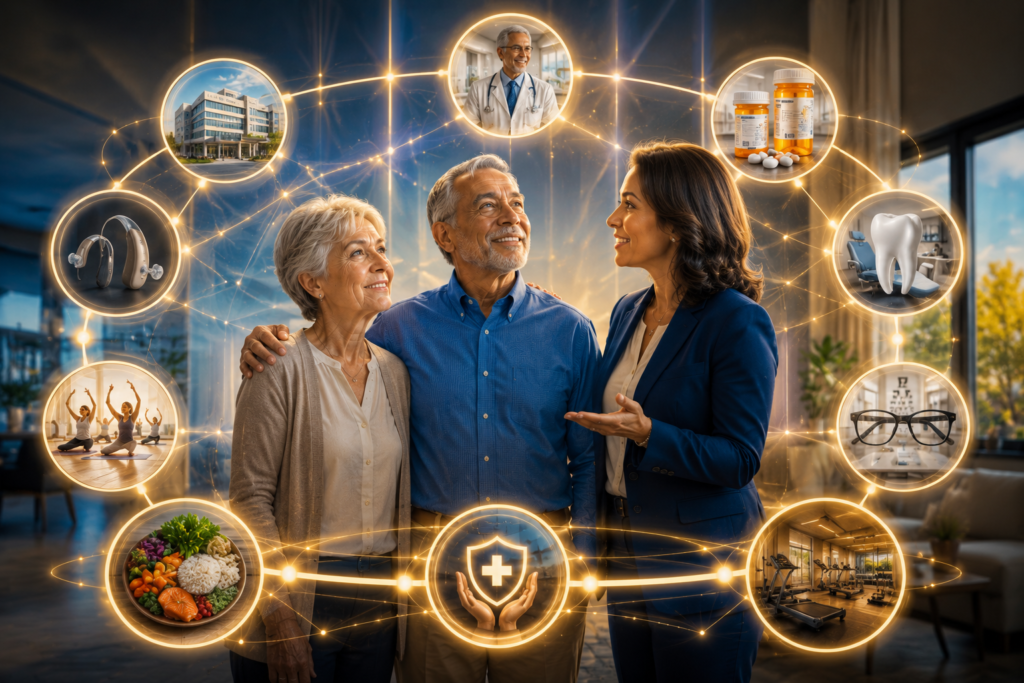 A Medicare advisor helps a retired couple review their healthcare options while connected visual elements represent Medicare Advantage benefits including medical care, prescription drugs, dental coverage, vision benefits, hearing services, transportation, and wellness programs.