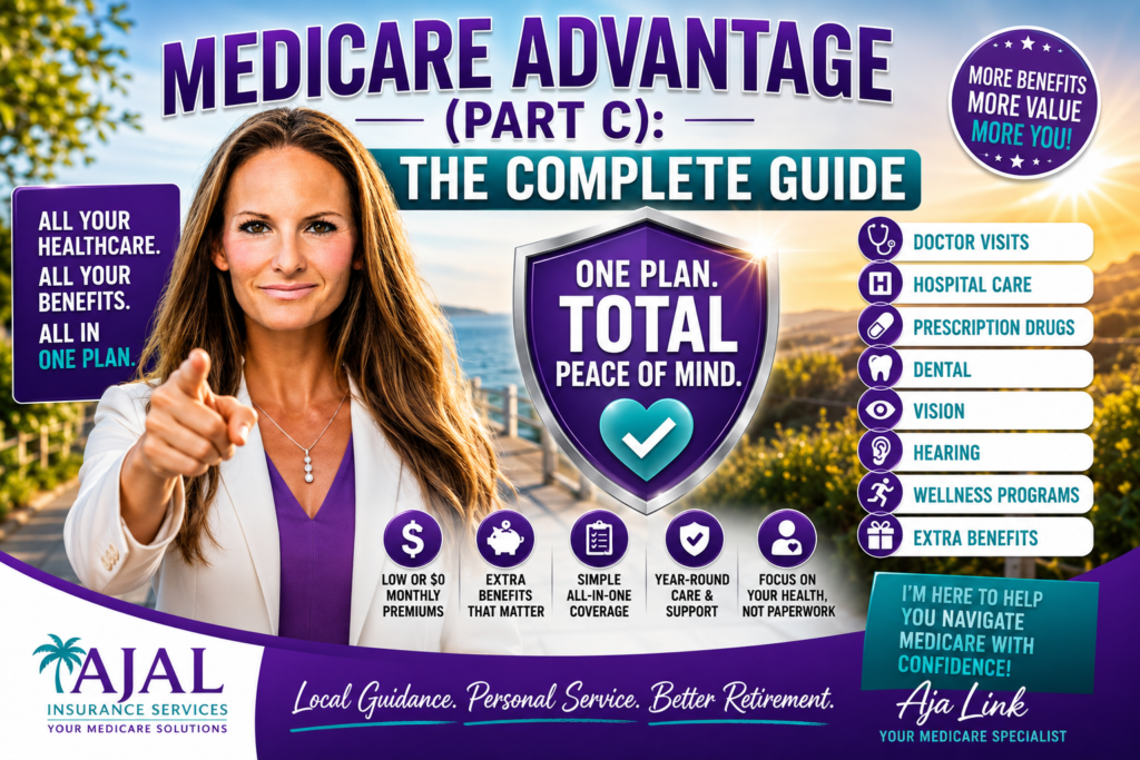 Aja Link pointing confidently beside a large Medicare Advantage shield illustrating all-in-one healthcare coverage, including doctor visits, hospital care, prescription drugs, dental, vision, hearing, wellness programs, and extra benefits.