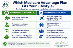Infographic comparing HMO and PPO Medicare Advantage plans to help Medicare beneficiaries in Freeport, New York choose the type of coverage that best fits their healthcare needs, travel habits, and lifestyle.