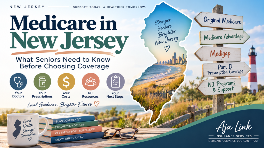 Medicare in New Jersey guide for seniors comparing Original Medicare, Medicare Advantage, Medigap, Part D prescription coverage, costs, doctors, and NJ Medicare resources.